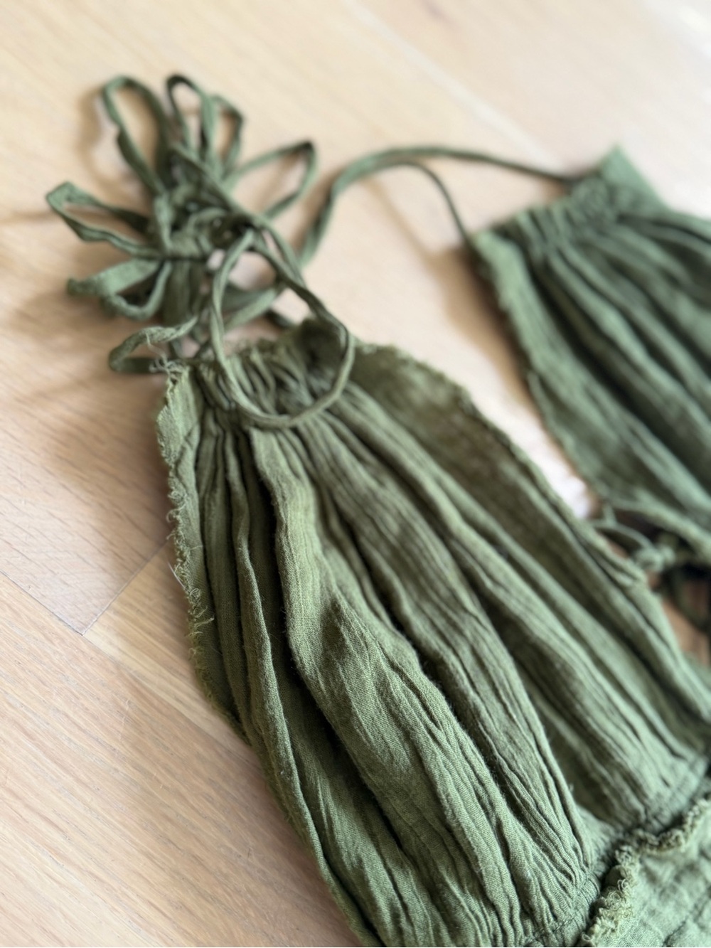 Free People Size Large Olive Green Halter Mini Dress Boho Hippie Cotton V Neck - Picture 9 of 16